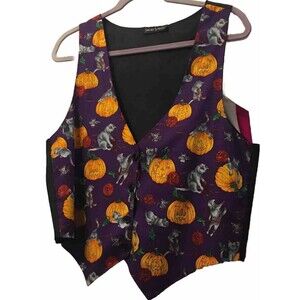 Vintage 90s Halloween Novelty Vest Pumpkin Cat Kitten Bat Gray Purple Cosplay